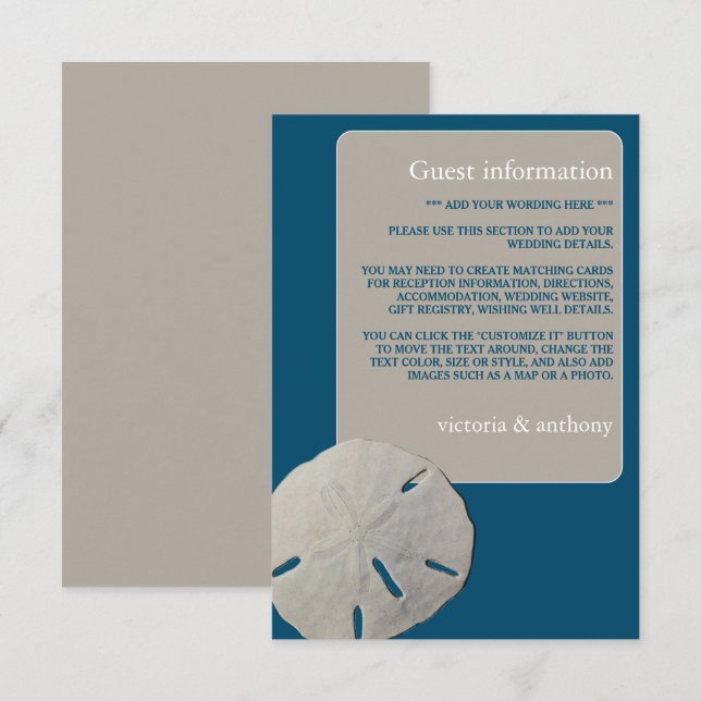Carte D'accompagnement Sand dollar, Ocean Blue Beach Wedding Détail (Devant / Derrière)