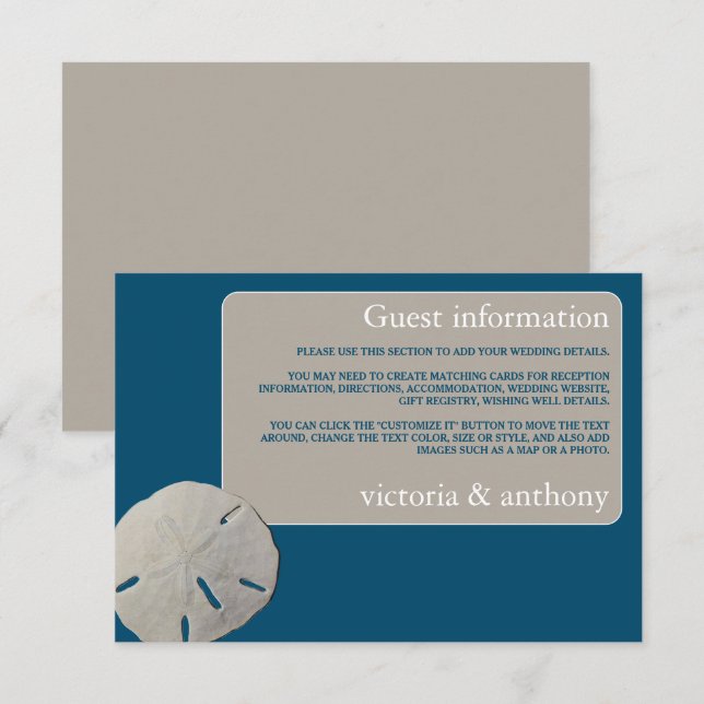 Carte D'accompagnement Sand dollar, Ocean Blue Beach Wedding Détail (Devant / Derrière)