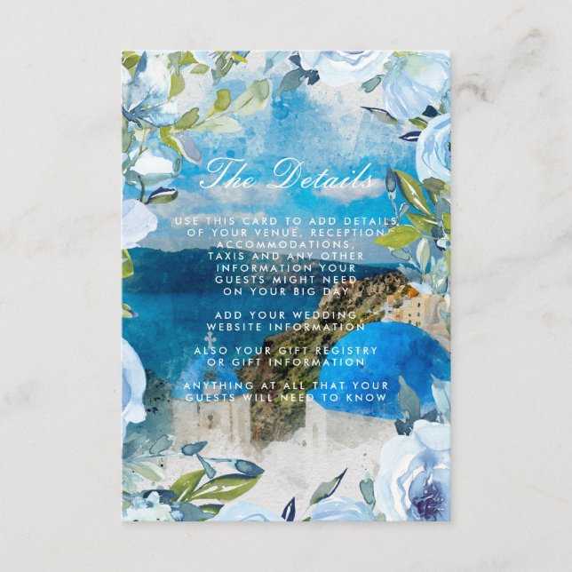 Carte D'accompagnement santorini bleu floral mariage détails informations (Devant)