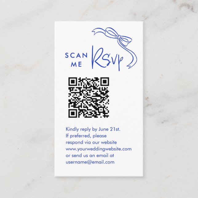 Carte D'accompagnement Scan Me RSVP Mariage bleu français QR Code RSVP (Devant)