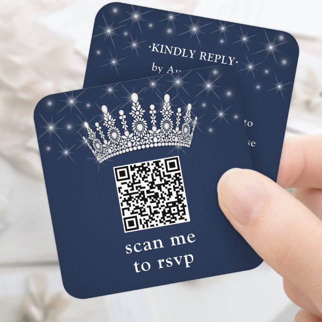 Carte D'accompagnement Scan Me RSVP QR Code Quinceañera Crown Navy Blue (Créateur téléchargé)