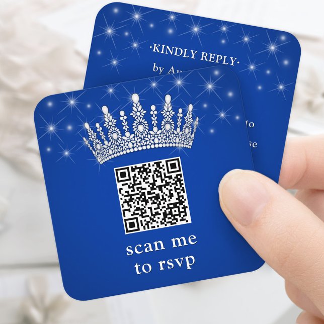 Carte D'accompagnement Scan Me RSVP QR Code Quinceañera Crown Royal Blue (Créateur téléchargé)