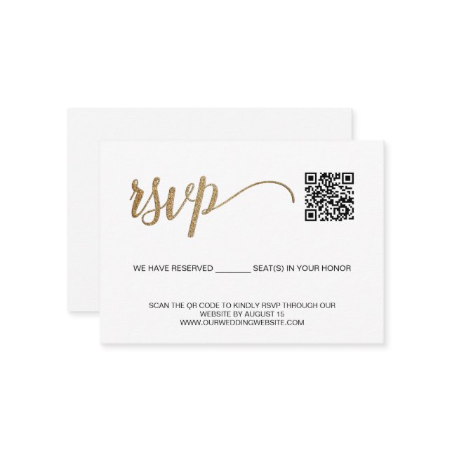 Carte D'accompagnement SCAN QR code Simple Gold RSVP avec sièges réservés (Devant/Arrière en situation)