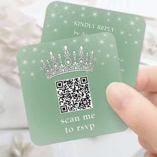 Carte D'accompagnement Scannez-moi QR RSVP Quinceañera Couronne Vert Saug