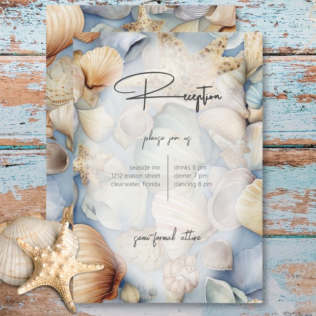 Carte D'accompagnement Scène De Coquillages Tropicaux Réception De Mariag (Tropical Seashells Scene Modern Wedding Reception Enclosure Card)