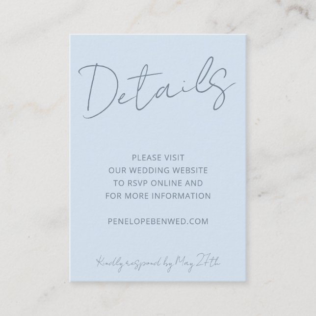 Carte D'accompagnement Script Bleu Clair Détails du site Web de Mariage Q (Devant)
