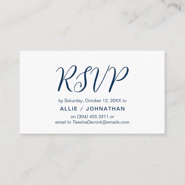 Carte D'accompagnement Script bleu marine esthétique, mariage RSVP répond (Devant)