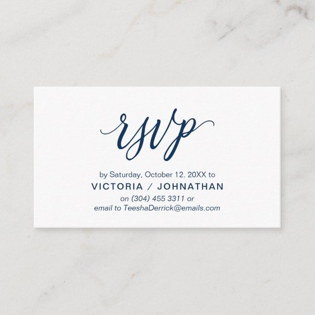 Carte D'accompagnement Script bleu marine esthétique, mariage RSVP répond (Devant)