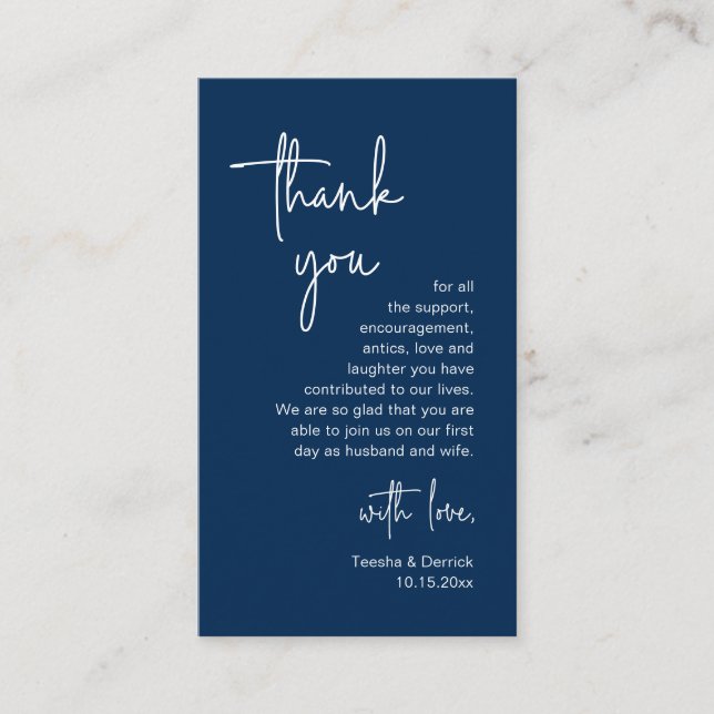Carte D'accompagnement Script bleu marine moderne, Merci Mariage (Devant)