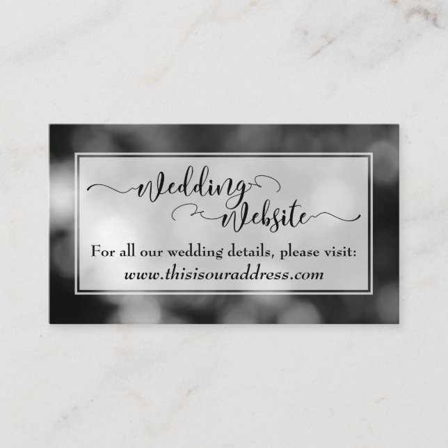 Carte D'accompagnement Script de site Web de mariage, Bokeh noir et blanc (Devant)