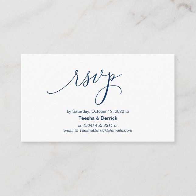 Carte D'accompagnement Script d'encre bleu marine moderne, Mariage RSVP (Devant)