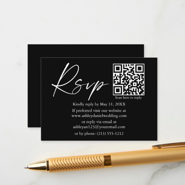 Carte D'accompagnement Script d'encre calligraphie Mariage QR noir RSVP (Devant/Arrière en situation)