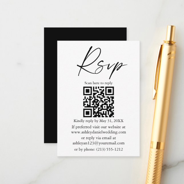 Carte D'accompagnement Script d'encre de calligraphie mariage QR noir RSV (Devant/Arrière en situation)