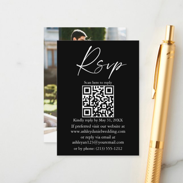 Carte D'accompagnement Script d'encre de calligraphie mariage QR noir RSV (Devant/Arrière en situation)