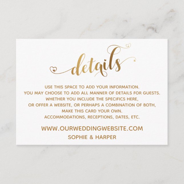 Carte D'accompagnement Script Gold Hearts, Diamonds Détails sur le blanc (Devant)