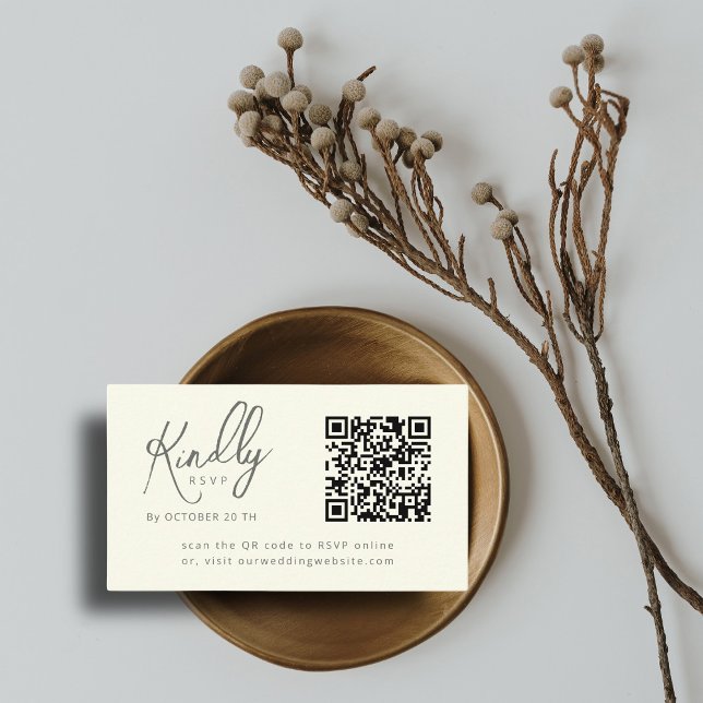 Carte D'accompagnement Script minimal élégant code QR Mariage ivoire RSVP (Créateur téléchargé)