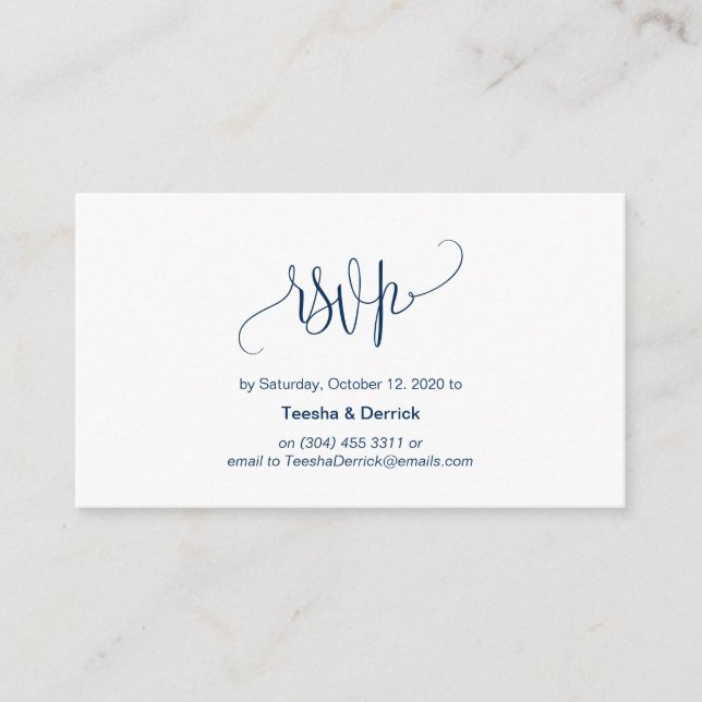 Carte D'accompagnement Script moderne, bleu marine, mariage RSVP (Devant)