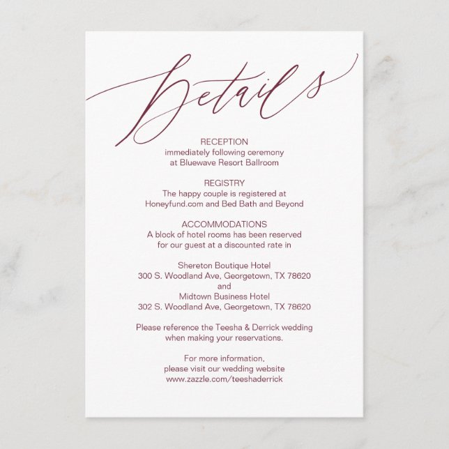 Carte D'accompagnement Script moderne, Bourgogne, fiche Mariage (Devant)