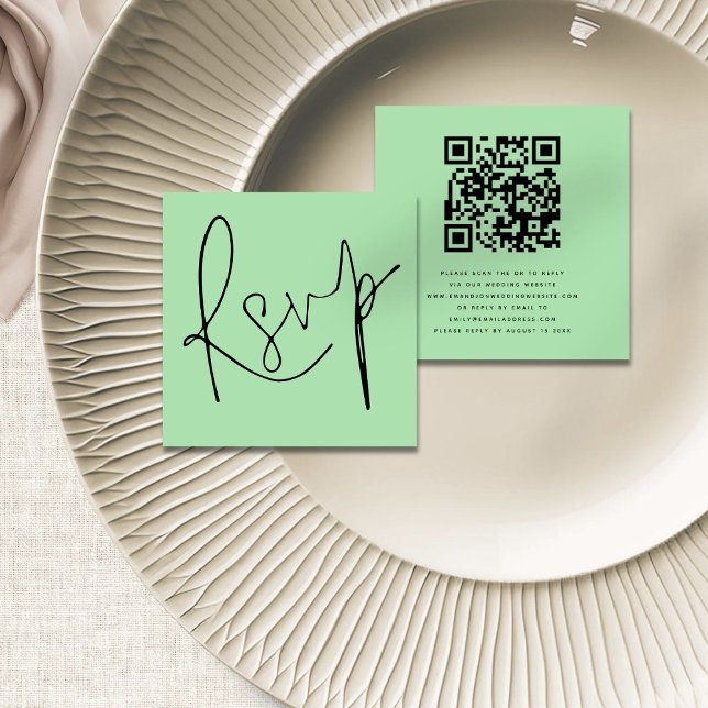 Carte D'accompagnement Script moderne QR Code Celadon Mariage vert RSVP (Front and back view)