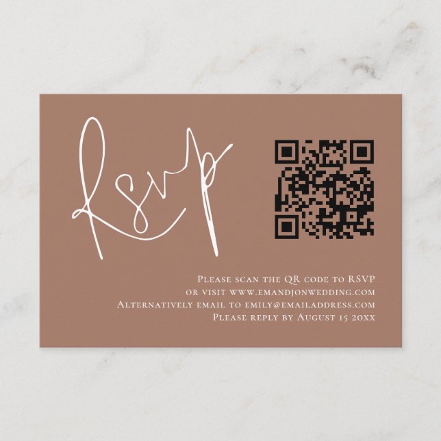 Carte D'accompagnement Script moderne QR Code Soft Mariage Brown RSVP (Devant)