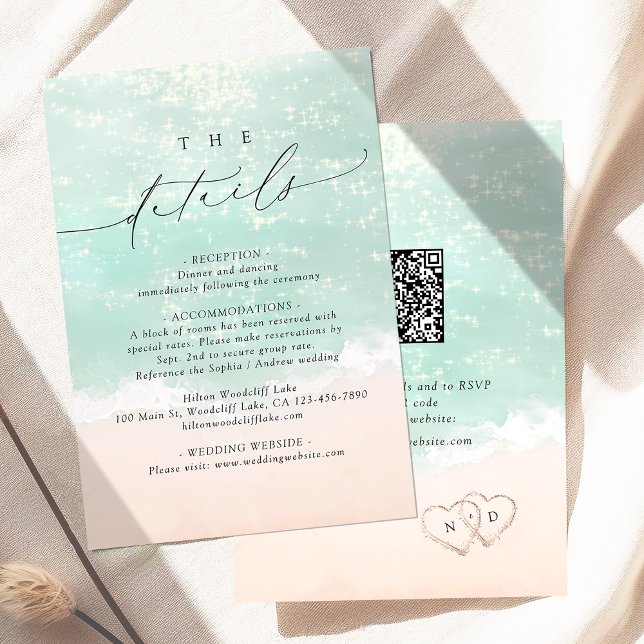 Carte D'accompagnement Script moderne Sand Hearts Beach Détails de mariag (Modern Script Sand Hearts Beach Wedding Details Enclosure Card)