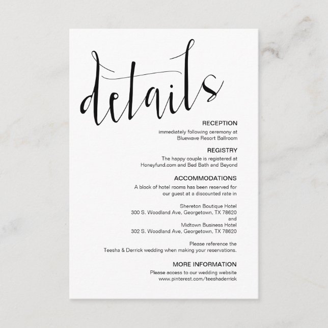 Carte D'accompagnement Script noir moderne, détails Mariages modifiables (Devant)