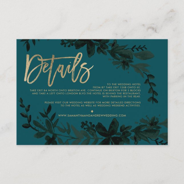 Carte D'accompagnement Script or chic Floral vert direction mariage (Devant)