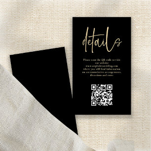 Carte D'accompagnement Script Or moderne noir QR Code Mariage Détails