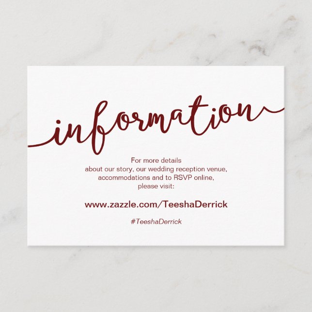 Carte D'accompagnement Script rustique Bourgogne, Détails Mariage, RSVP (Devant)