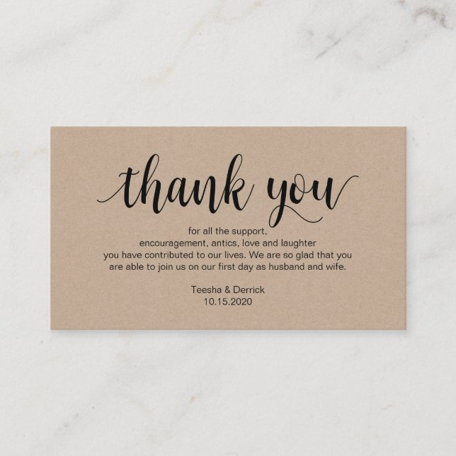 Carte D'accompagnement Script rustique, kraft, noir, Merci Mariage (Devant)