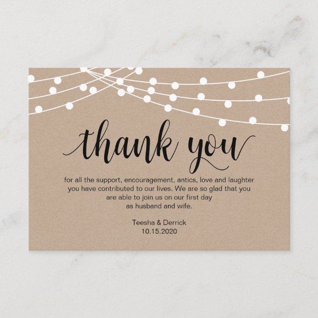 Carte D'accompagnement Script rustique, lumière à chaîne, Merci Mariage (Devant)