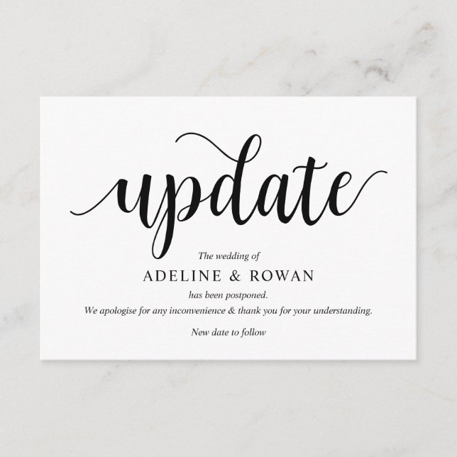 Carte D'accompagnement Script rustique, noir, report Mariage, modifiable (Devant)