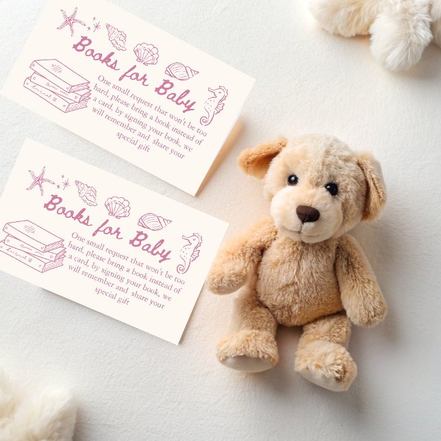Carte D'accompagnement Sea you soon seashells baby shower book request (Sea you soon pink seashells baby shower book request enclosure cards books for baby cards)