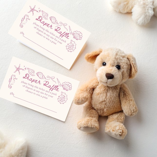 Carte D'accompagnement Sea you soon seashells baby shower diaper raffle (Sea you soon pink seashells baby shower diaper raffle cards hand drawn seashell raffle tickets)