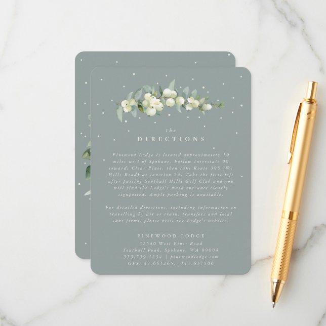 Carte D'accompagnement Seafoam Snowberry+Eucalyptus Mariage Directions (Devant/Arrière en situation)