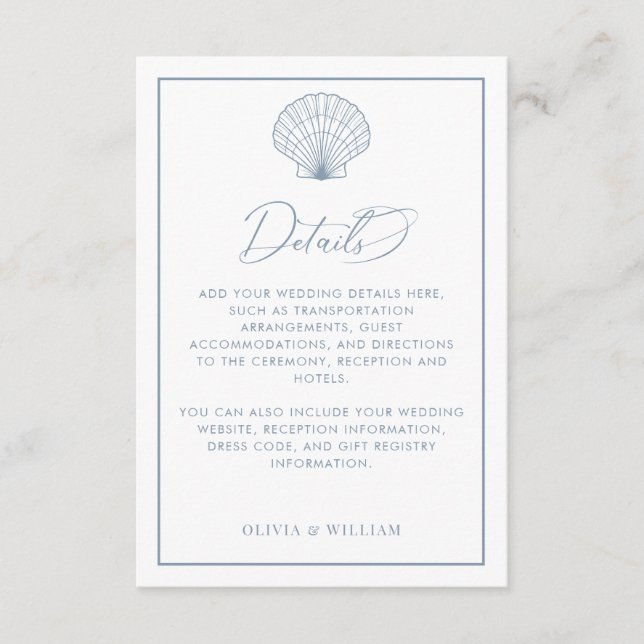 Carte D'accompagnement Seashell Dusty Blue Beach Détails du mariage (Devant)