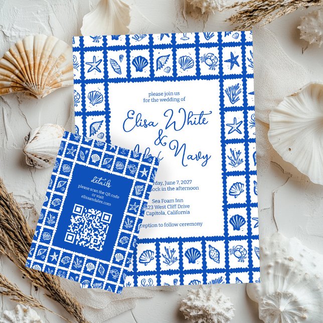 Carte D'accompagnement Seashell Grid Beach Wedding Code QR PERSONNALISÉ (Seashell Grid Beach Wedding CUSTOM QR Code Enclosure Card
)
