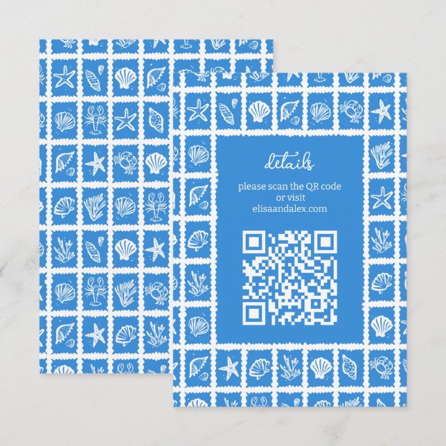 Carte D'accompagnement Seashell Grid Beach Wedding Code QR PERSONNALISÉ (Devant / Derrière)