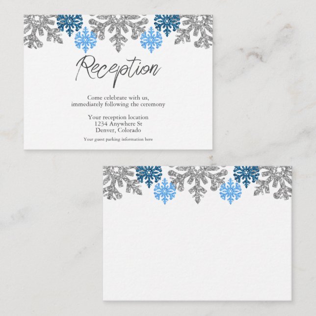 Carte D'accompagnement Silver Blue Snowflakes Réception de mariage d'hive (Devant / Derrière)