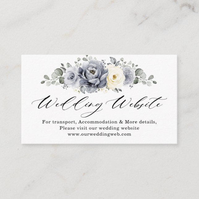 Carte D'accompagnement Silver Grey Ivory Floral Winter Wedding Website (Devant)