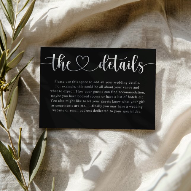 Carte D'accompagnement Simple Black & White Heart Wedding Details  (Créateur téléchargé)