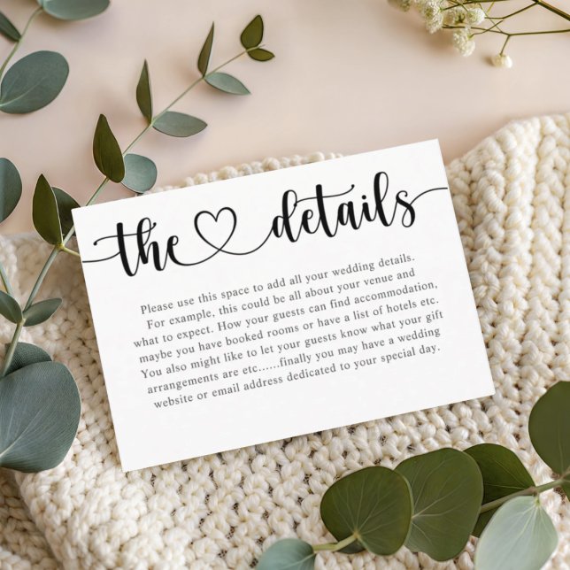 Carte D'accompagnement Simple Black & White Heart Wedding Details  (Créateur téléchargé)