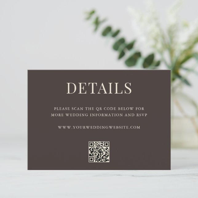 Carte D'accompagnement Simple Brown Modern QR Code Wedding Details (Debout devant)