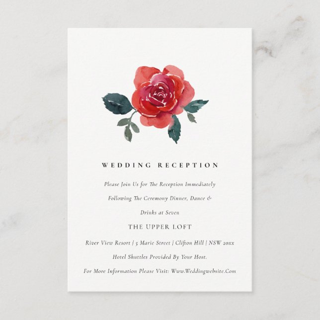 CARTE D'ACCOMPAGNEMENT SIMPLE COULEUR D'EAU ROUGE VERT ROSE FLORAL RÉCEPT (Devant)