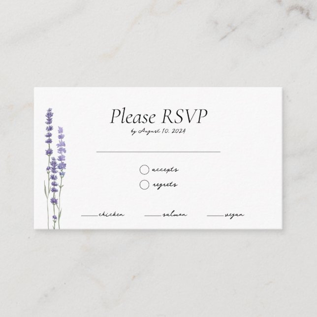 Carte D'accompagnement Simple Delicate Lavender Repas Choix Mariage RSVP (Devant)