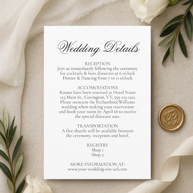Carte D'accompagnement Simple Élégance Détails de Mariage Noir & Blanc (Créateur téléchargé)