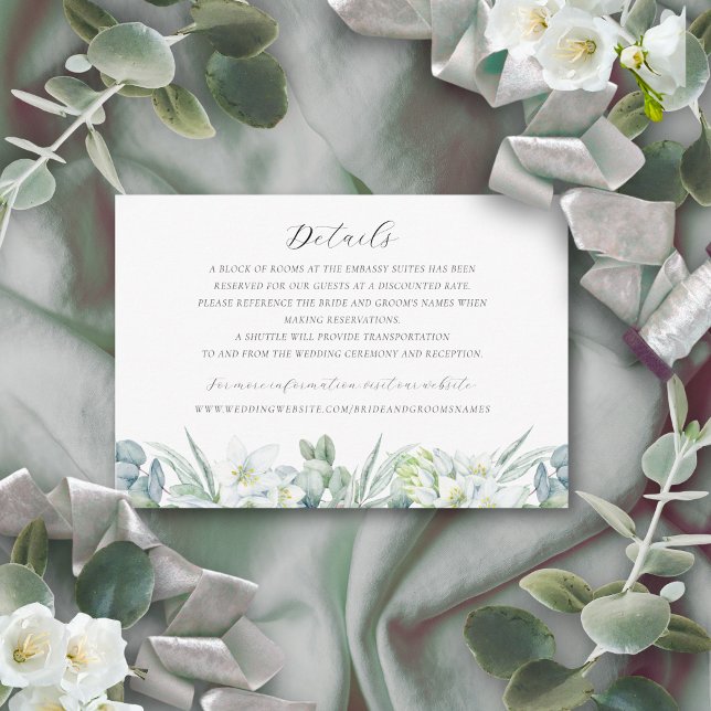 Carte D'accompagnement Simple Elegant Green Détails Mariage (Wedding details enclosure card with white flowers and greenery)