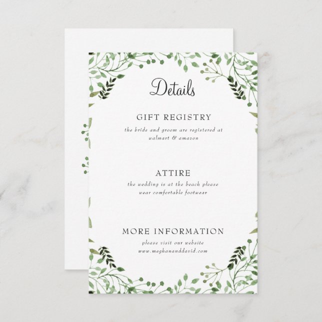 Carte D'accompagnement Simple Elegant Green Détails Mariage (Devant / Derrière)
