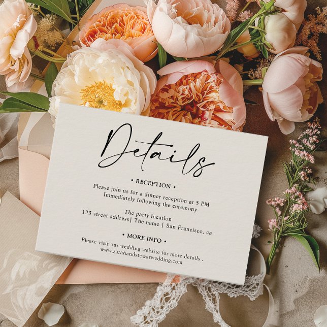 Carte D'accompagnement Simple élégant noir blanc détails mariage (Simple elegant black white script details wedding enclosure card)