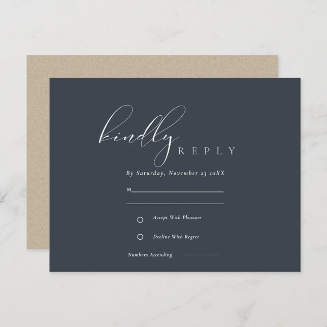 Carte D'accompagnement Simple élégant Script Marine Noir Mariage RSVP (Devant / Derrière)